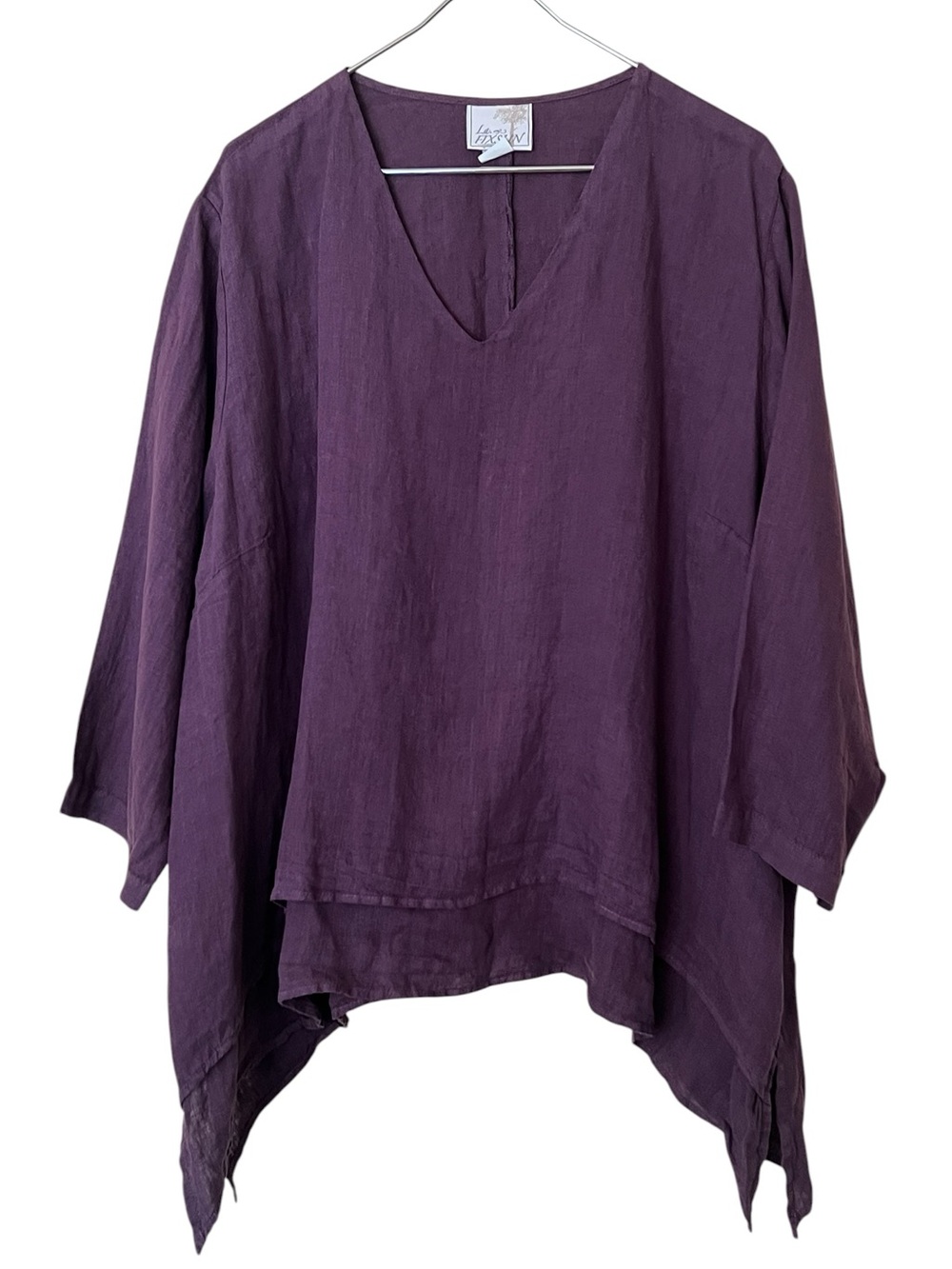 LA Fixsun purple linen v-neck double layer 3/4 sleeve top Lagenlook FBT95